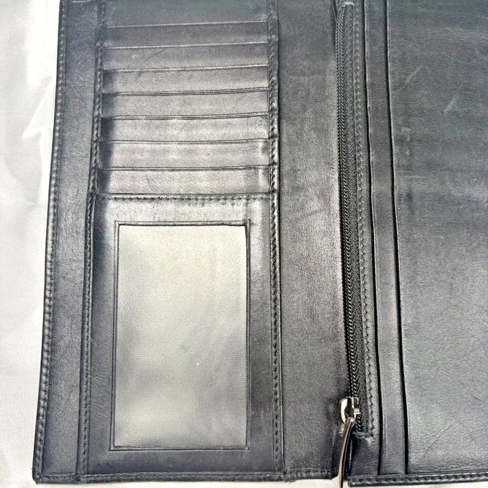 Vtg Ferragamo Gancini Black Canvas & Leather Long Bifold Snap Wallet Zippy Pouch